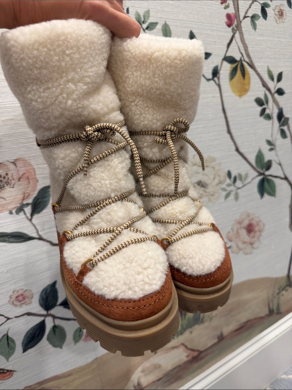 Valentino Garavani Cream Sherpa Lace-Up Winter Boots with Brown Suede Trim